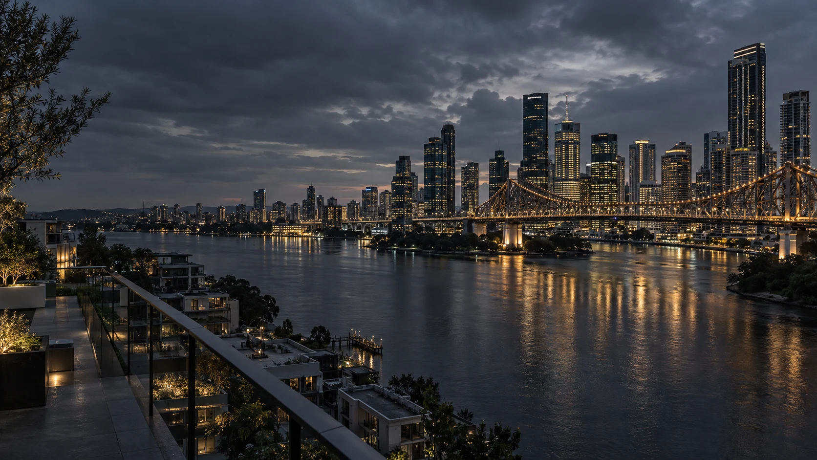 Illustrative Brisbane skyline and Story Bridge above the river at dusk