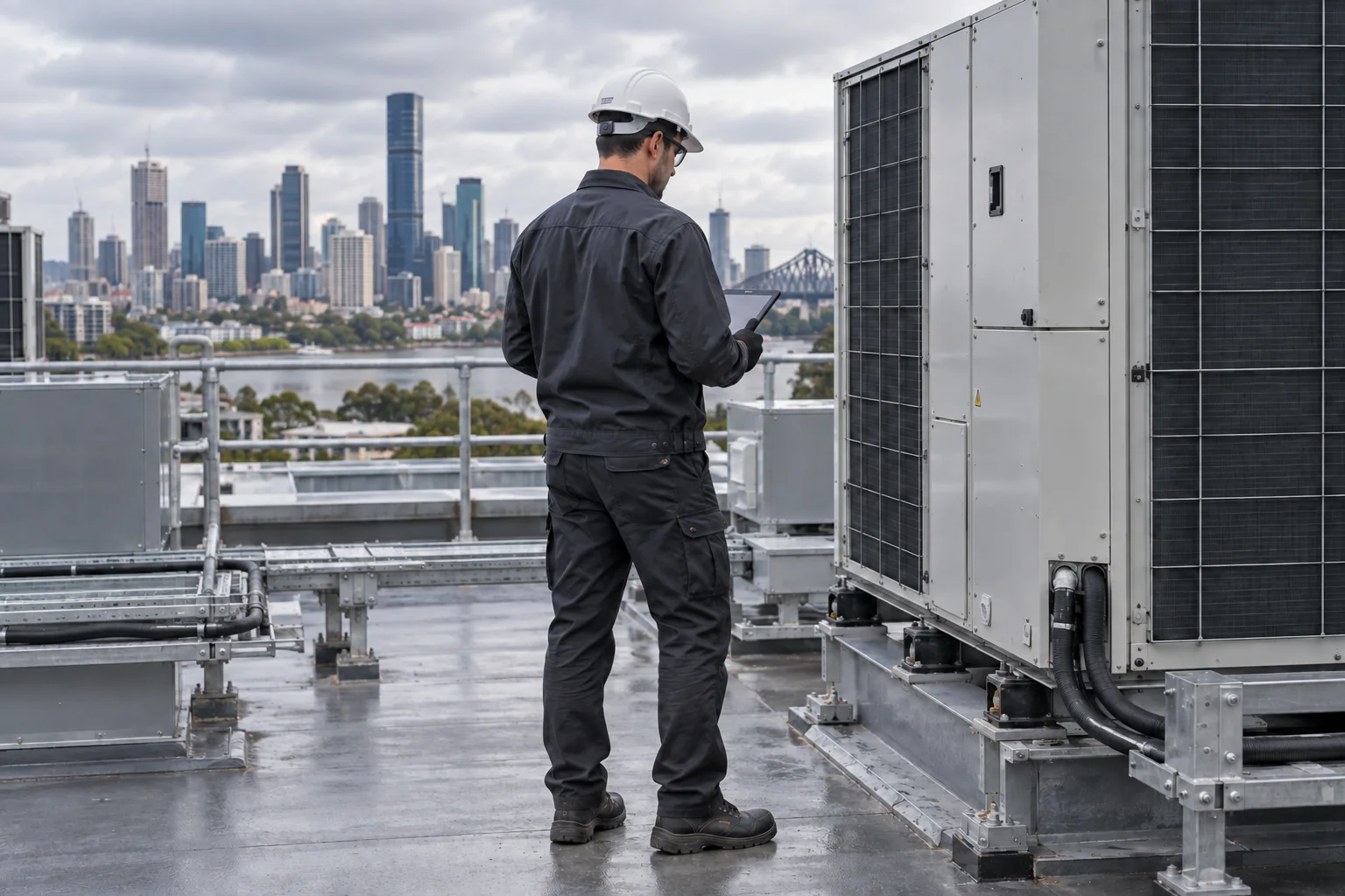 Illustrative HVAC technician at commercial rooftop equipment in Brisbane
